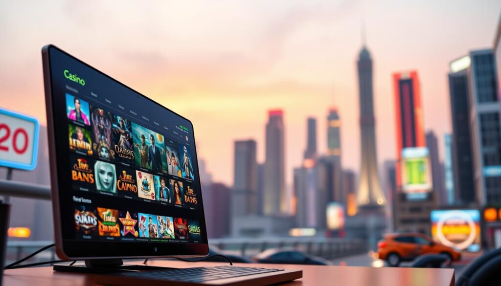 A vibrant, colorful scene of an online casino gaming comparison, showcasing the key advantages for Taiwanese players. A sleek, modern user interface dominates the foreground, with various game icons and graphics displayed prominently. In the middle ground, a grid of game thumbnails highlights the diverse selection of casino games available. The background features a soft, blurred cityscape, evoking the excitement and energy of the online gaming experience. Warm, diffused lighting creates a welcoming, premium atmosphere. The composition emphasizes the user-friendly, high-quality nature of the online casino, enticing players to explore the gaming options.