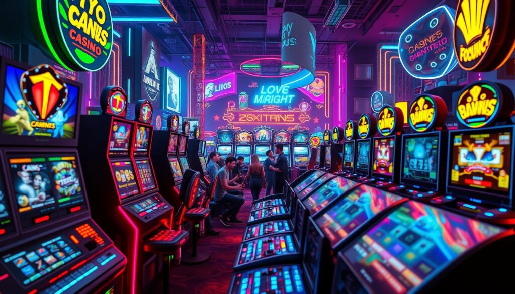 A vibrant, colorful scene showcasing an online casino's promotional campaign. In the foreground, an array of digital gaming consoles and devices cascade across the frame, their screens displaying dazzling graphics and enticing offers. Surrounding them, a lively backdrop of neon lights, glowing holograms, and dynamic animations create an immersive, futuristic atmosphere. The middle ground features a group of enthusiastic players engaged in the various games, their expressions a mix of excitement and anticipation. Subtle, cinematic lighting casts dramatic shadows, heightening the sense of energy and dynamism. The overall composition conveys a sense of energy, excitement, and the thrill of online casino gaming in the midst of a promotional campaign.