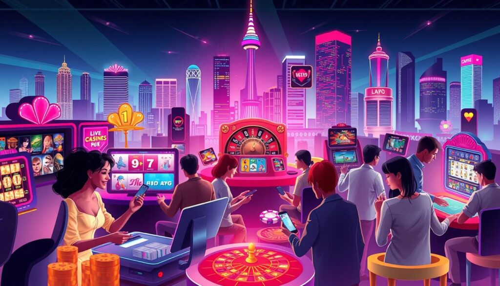 A vibrant, contemporary illustration showcasing the advantages of online entertainment casinos. In the foreground, a group of diverse players immersed in a variety of casino games - slots, table games, and live dealer experiences. The middle ground features sleek, state-of-the-art devices and interfaces, highlighting the seamless, mobile-friendly nature of these online platforms. In the background, a cityscape with skyscrapers and neon lights, symbolizing the thriving, technologically-advanced world of modern gambling. Soft, warm lighting creates a welcoming, inviting atmosphere, while dynamic camera angles and composition draw the viewer's eye to the key features. The overall scene conveys the excitement, convenience, and advantages of exploring the vibrant world of online entertainment casinos.