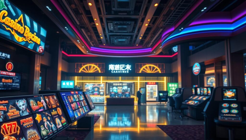 A vibrant, contemporary online casino lobby featuring an array of dynamic game icons, illuminated by warm, ambient lighting that creates a welcoming, inviting atmosphere. The foreground showcases eye-catching, high-quality graphics of the latest casino game offerings, while the middle ground features sleek, modern casino branding and design elements. The background subtly suggests a sense of excitement and anticipation, with subtle visual cues hinting at the potential for big wins and thrilling gameplay experiences. The overall composition conveys a sense of modernity, sophistication, and the thrill of the latest online casino promotions and bonuses tailored specifically for Taiwanese players.