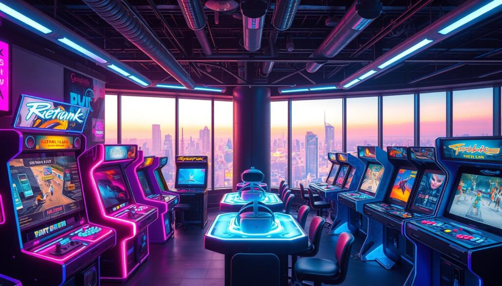 A vibrant, cutting-edge arcade setting with a variety of classic and modern gaming consoles, controllers, and screens displayed prominently. The foreground features an array of neon-lit, high-tech gaming cabinets and table-top arcade machines, beckoning players to dive into the immersive gameplay. The middle ground showcases a selection of virtual reality headsets, representing the advanced technology available within the all-encompassing entertainment hub. In the background, a panoramic view of the city skyline is visible through large, floor-to-ceiling windows, creating a sense of urban sophistication and a connection to the wider world beyond the arcade. The lighting is a dynamic blend of vibrant, neon-infused illumination and warm, ambient tones, evoking an atmosphere of excitement and innovation.