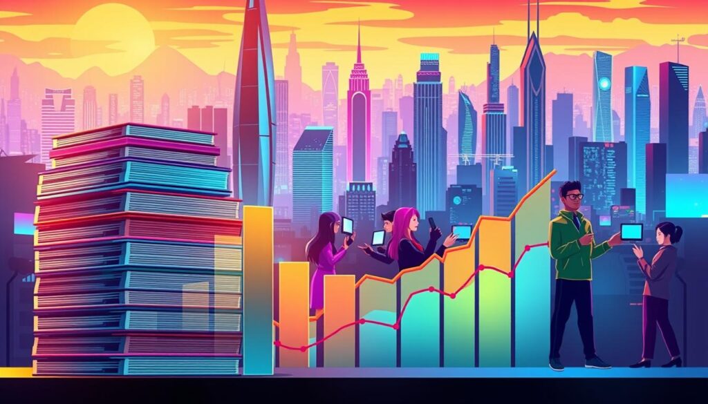 A vibrant, data-driven illustration depicting the key factors driving income growth in the online gaming industry. In the foreground, a stack of neatly arranged bar graphs and line charts showcase the upward trajectory of revenue, with dynamic colors and thoughtful data visualization. In the midground, a group of avatars representing the diverse demographics of the gaming audience, each gesturing and interacting to convey the industry's broad appeal. The background features a sleek, futuristic cityscape with towering skyscrapers and a vibrant, neon-lit skyline, symbolizing the rapid technological advancements propelling the sector's expansion. The overall scene is bathed in a warm, optimistic glow, capturing the sense of excitement and potential surrounding the online gaming industry's growth.