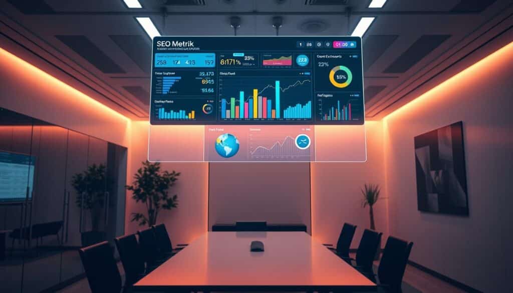 A vibrant data visualization dashboard showcasing key SEO metrics and analytics, floating above a sleek, minimalist office space. Backlit by a warm, diffused light, the dashboard features colorful graphs, charts, and infographics, conveying insights into search engine optimization strategies and their real-world impact. The scene is captured from a slightly elevated perspective, creating a sense of depth and emphasizing the dashboard's central role. The overall mood is one of professionalism, innovation, and the power of data-driven decision making in the digital marketing landscape.