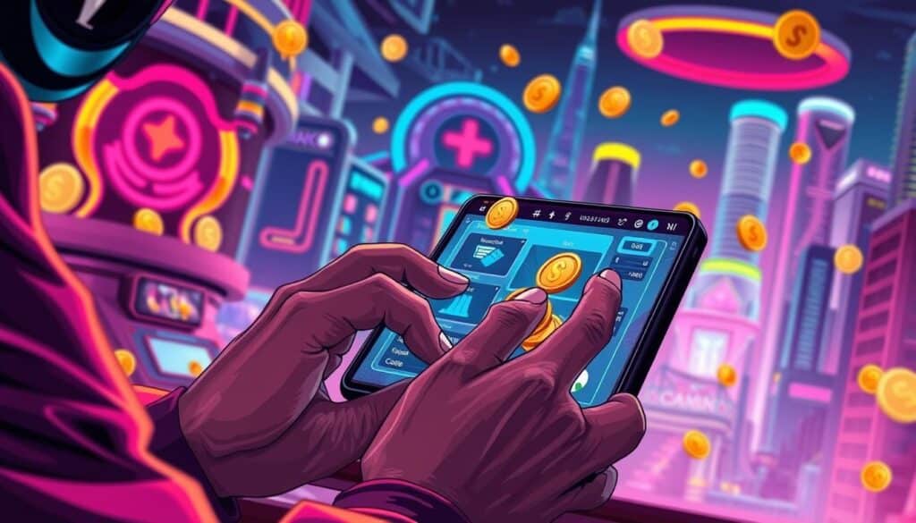 A vibrant, detailed illustration of a person expertly acquiring in-game currency or "gold coins" in an online casino gaming environment. The foreground shows a person's hands deftly maneuvering through a smartphone or tablet interface, tapping and swiping to complete tasks and challenges that yield valuable virtual currency. The middle ground features a stylized, futuristic casino-themed backdrop with neon lights, sleek interfaces, and holographic elements. The background depicts a cityscape with skyscrapers and a sense of urban energy, emphasizing the high-tech, fast-paced nature of modern online gaming. The overall mood is one of dynamism, mastery, and the thrill of accumulating in-game wealth through skill and strategy.