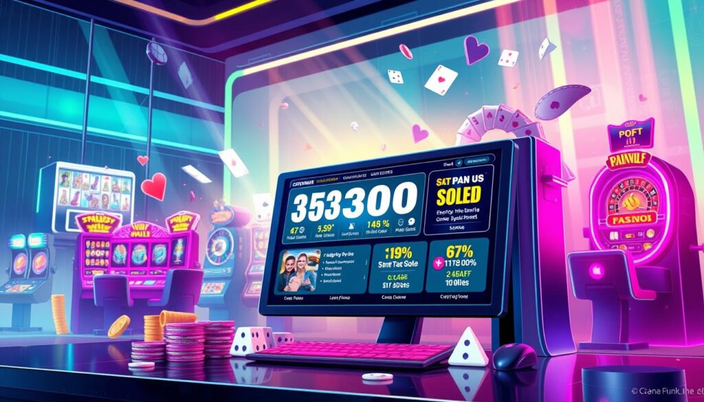 A vibrant, detailed illustration of the latest online entertainment casino promotions and offers. Set against a sleek, modern backdrop, the foreground features a prominent display showcasing various gaming icons, jackpot amounts, and enticing bonus offers. The middle ground depicts stylized casino elements like slot machines, roulette wheels, and playing cards, all rendered in a vibrant, neon-infused color palette. The background captures the energetic atmosphere of an online casino, with dynamic lighting effects and a sense of movement. The overall composition conveys a sense of excitement, innovation, and the thrill of the latest online gambling opportunities available to players.
