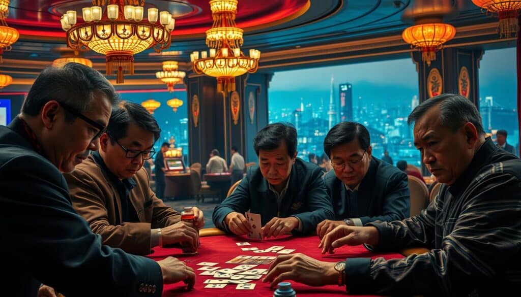 A vibrant, detailed scene set in a Taiwanese gambling hall, capturing the essence of the unique relationship between baccarat and local players. In the foreground, a group of seasoned gamblers intently observe the cards, their expressions a mix of focus and anticipation. The middle ground features the elegant, dimly lit casino interior, with plush furnishings and glittering chandeliers casting a warm glow. In the background, a panoramic view of the bustling city skyline, hinting at the broader cultural context that shapes this captivating dynamic. The overall atmosphere conveys the thrill, camaraderie, and deep-rooted traditions that define the Taiwanese baccarat experience.
