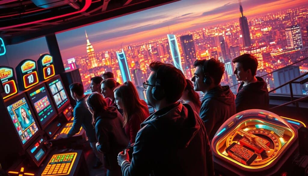 A vibrant, detailed scene showcasing the latest and most popular online casino games. In the foreground, a group of gamers eagerly gathered around a large, illuminated display, their expressions rapt with excitement as they immerse themselves in the thrilling gameplay. The middle ground features a sleek, modern gaming setup with state-of-the-art hardware and peripherals, casting a warm, inviting glow. In the background, a panoramic view of a bustling city skyline, hinting at the global reach and popularity of these captivating virtual experiences. The overall atmosphere is one of energetic anticipation, cutting-edge technology, and the thrill of high-stakes entertainment.