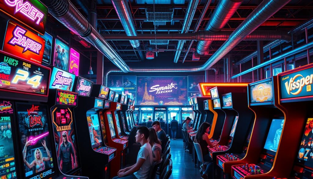 A vibrant digital arcade setting, illuminated by neon lights and bustling with a variety of arcade cabinets and gaming consoles. The foreground features a diverse selection of classic and modern game titles, their artwork and logos vividly displayed. In the middle ground, players are immersed in the gameplay, their expressions of focus and excitement captured. The background showcases the sleek and modern interior design of the arcade, with high ceilings, metallic accents, and a sense of energy and excitement. The lighting is dynamic, casting a warm, inviting glow over the entire scene, creating an atmosphere of fun and entertainment.
