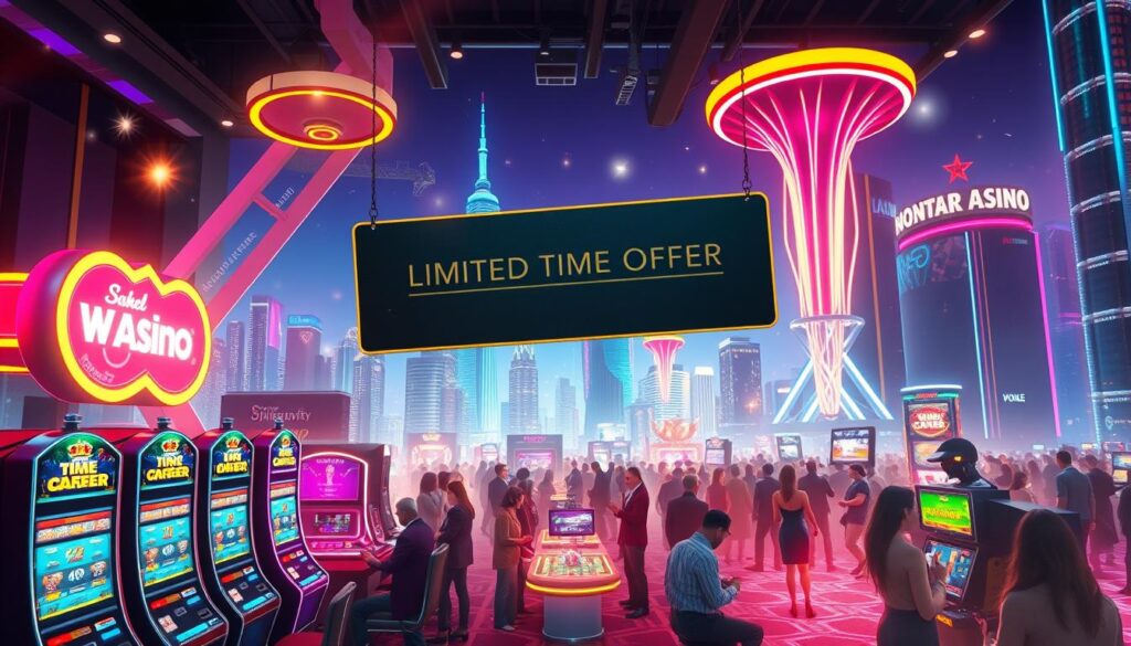A vibrant digital casino scene with a prominent "Limited Time Offer" banner suspended amid shimmering lights and dazzling neon signage. In the foreground, stylized slot machines and gaming tables beckon players, while in the middle ground, a crowd of patrons eagerly engage in various online casino activities. The background is a sleek, futuristic cityscape with towering skyscrapers and a vibrant nighttime skyline. The overall mood is one of excitement, anticipation, and a sense of exclusive, time-limited opportunity.