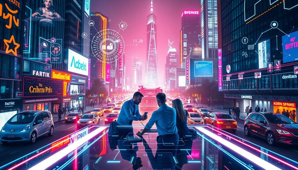 A vibrant digital cityscape, illuminated by neon lights and holographic displays. In the foreground, a team of professionals collaborating around a sleek, futuristic conference table, symbols of innovation and technology floating above them. The middle ground features a bustling street filled with autonomous vehicles and pedestrians immersed in their digital devices, while the background showcases a towering skyline of gleaming skyscrapers, representing the transformative power of the digital age. Soft, warm lighting casts an inspiring glow, conveying the importance and excitement of digital transformation.
