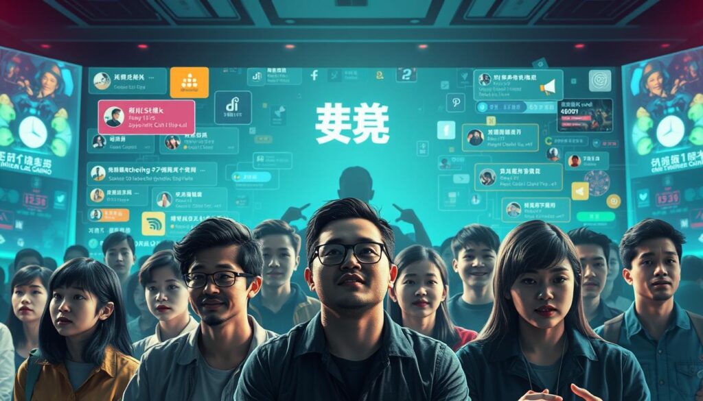 A vibrant digital collage depicting player reviews and community feedback for "卡利娛樂城", the popular online casino in Taiwan. The foreground features a group of diverse players earnestly sharing their thoughts and experiences, their expressions ranging from excitement to contemplation. The middle ground showcases an array of social media icons, reviews, and ratings, reflecting the active online discussion surrounding the casino. In the background, a subtle silhouette of the casino's logo emerges, framed by a sleek, modern interface. The overall composition conveys a sense of dynamism, transparency, and the power of player voices in shaping the industry.