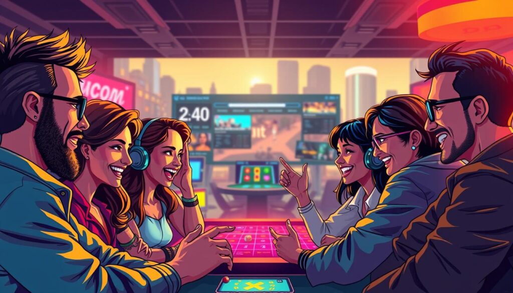 A vibrant digital illustration depicting a group of online casino players enthusiastically sharing their experiences. The foreground features a diverse cast of characters, each engaged in lively discussion, their faces animated with expressions of excitement and camaraderie. The middle ground showcases a stylized representation of a casino interface, with sleek, modern UI elements and neon-lit gaming tables. The background is a softly blurred cityscape, hinting at the urban setting of this shared experience. The overall atmosphere is one of connection, passion, and a sense of community among the players. Warm lighting casts a welcoming glow, and the composition is dynamic, drawing the viewer into the engaging scene.