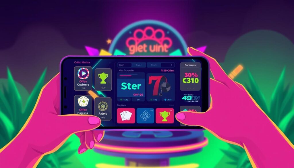 A vibrant digital illustration showcasing the art of maximizing gaming enjoyment through strategic utilization of online casino promotions. Set in a modern, minimalist style, the foreground depicts a stylized hand holding a mobile device displaying various offer icons, icons, and discounts. The middle ground features an abstract representation of a gaming platform, with dynamic shapes and neon-like elements evoking the excitement of interactive entertainment. The background subtly blends shades of green, evoking the lush, verdant ambiance of a successful gaming experience. Soft, warm lighting illuminates the scene, creating a welcoming and engaging atmosphere that inspires users to explore the possibilities of optimized gameplay through strategic use of available offers and discounts.