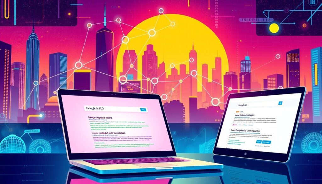 A vibrant, digital illustration showcasing the importance of SEO (Search Engine Optimization). In the foreground, a sleek, modern laptop with a glowing screen displaying a search engine results page, highlighting the prominence of organic rankings. The middle ground features a network of interconnected nodes, symbolizing the intricate web of algorithms, keywords, and user behavior that shape search engine visibility. In the background, a stylized cityscape with towering skyscrapers, representing the competitive landscape of the digital world. The overall scene conveys a sense of energy, dynamism, and the crucial role of SEO in elevating a website's prominence and driving organic traffic.