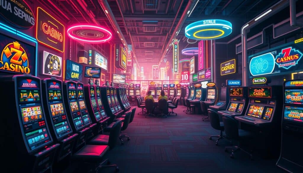 A vibrant digital landscape showcasing a diverse array of online casino games. In the foreground, a sleek, modern interface displays various slot machines, table games, and live dealer options, all rendered in high-definition detail. The middle ground features stylized icons and visual cues that guide the player's attention to the different game categories. In the background, a dynamic, neon-infused atmosphere evokes the excitement and energy of a thriving virtual entertainment hub. Soft, warm lighting casts a welcoming glow, while subtle camera angles and depth of field accentuate the depth and immersion of the interactive gaming experience. The overall composition conveys the variety, accessibility, and allure of the online casino gaming world.