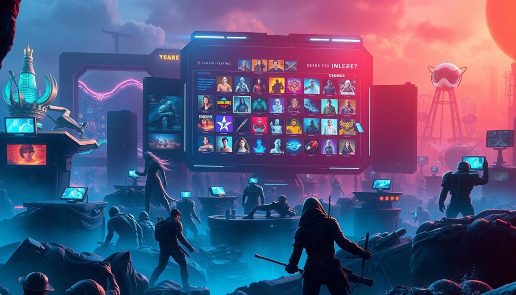 A vibrant digital landscape showcasing a variety of online game genres. In the foreground, immersive virtual worlds populated by fantastical characters in dynamic action poses, hinting at the thrill of role-playing and adventure games. In the middle ground, a cluster of colorful icons representing diverse gaming experiences, from strategy and simulation to sports and puzzle games. The background features a sleek, futuristic interface with neon-lit panels, conveying the high-tech, interconnected nature of modern online gaming. Soft, diffused lighting and a sense of depth create an alluring, cinematic atmosphere, inviting the viewer to explore the endless possibilities of the digital realm.