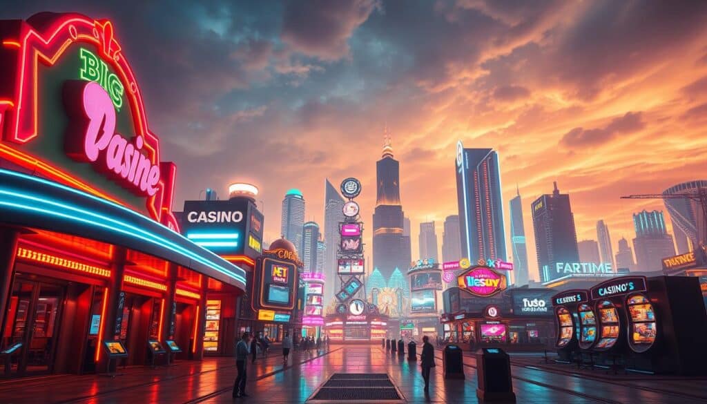 A vibrant digital landscape showcasing the evolution of online entertainment centers. In the foreground, a sleek, modern casino facade with neon-lit signage and alluring entryways. The middle ground features a diverse array of gaming platforms, from mobile apps to immersive virtual reality experiences. In the background, a cityscape of skyscrapers and technological infrastructure, symbolizing the integration of online entertainment into the fabric of urban life. Warm, inviting lighting casts a glow over the scene, highlighting the seamless interplay between technology and entertainment. A cinematic, forward-looking perspective captures the dynamic growth and potential of the online gaming industry.