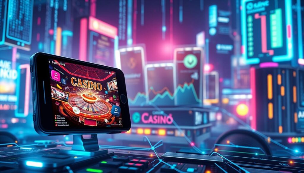 A vibrant digital landscape where the worlds of digital marketing and online entertainment converge. In the foreground, a sleek smartphone displays targeted ads for a captivating online casino, its alluring graphics and interactive elements beckoning the user. In the middle ground, a data visualization dashboard showcases key performance metrics, highlighting the synergies between digital outreach and the thriving entertainment industry. The background subtly blends elements of modern technology, such as cascading binary code and pulsing network connections, symbolizing the interconnectedness of these two powerful realms. Vivid colors, dynamic lighting, and a sense of technological sophistication set the tone, capturing the essence of the evolving relationship between digital marketing and the booming online entertainment sector.