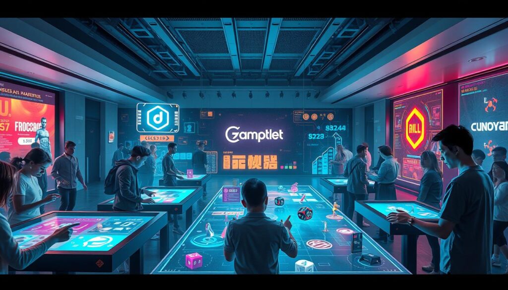 A vibrant digital landscape with gamified marketing elements. In the foreground, a group of people engaged in various interactive game activities, such as tapping on touchscreens, rolling dice, or maneuvering virtual characters. The middle ground features dynamic visual elements like progress bars, leaderboards, and reward icons, all seamlessly integrated into the scene. The background showcases a modern, high-tech office or event space, with sleek, minimalist design and subtle branding cues. The overall mood is energetic, playful, and visually captivating, inviting the viewer to immerse themselves in the gamified marketing experience.