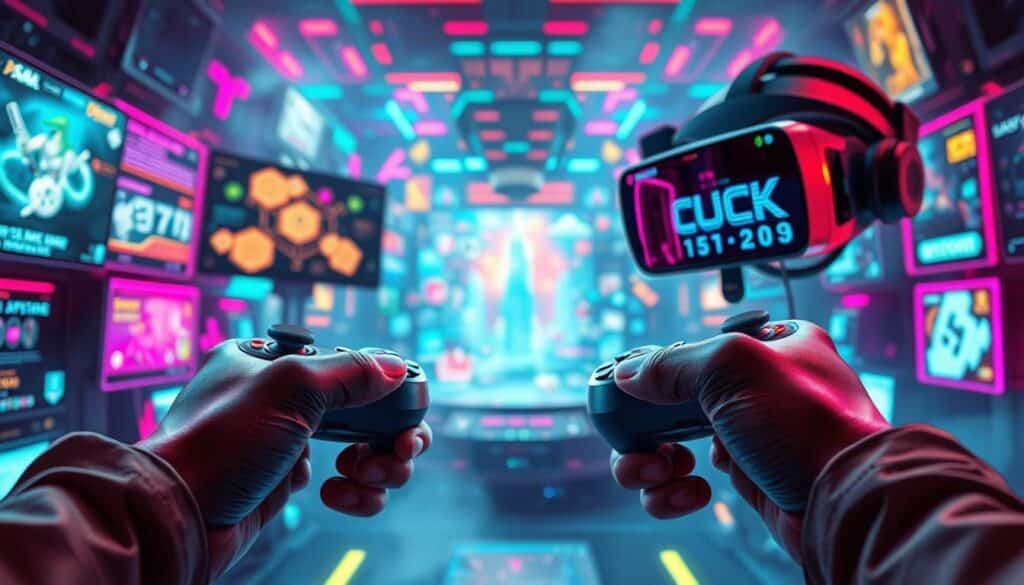 A vibrant digital realm, where neon-hued gaming consoles and virtual reality headsets beckon. In the foreground, a player's hands grip the sleek controllers, fingers poised to unleash a symphony of pixels and sound. The middle ground reveals an immersive, high-definition display, its luminous graphics drawing the viewer into a captivating world of endless possibilities. In the background, a kaleidoscope of colorful game icons and dynamic user interfaces suggests the boundless allure of electronic entertainment. Soft, diffused lighting casts a dreamlike glow, evoking a sense of wonder and discovery. The overall atmosphere is one of technological enchantment, inviting the viewer to participate in the irresistible charm of digital gaming.