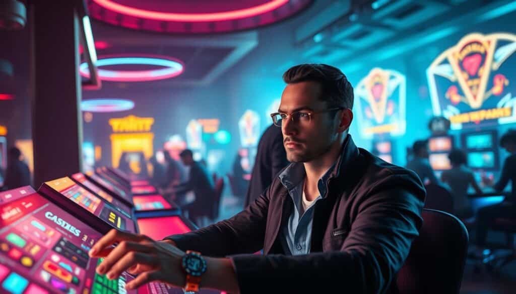 A vibrant digital scene depicting the common traits of successful online casino players. In the foreground, a confident, focused individual strategically contemplates their next move on a sleek, futuristic interface, their expression determined yet calm. In the middle ground, silhouettes of other players engaged in intense gameplay, their body language conveying a sense of mastery and control. The background showcases a stylized casino environment, with neon-lit gaming tables, pulsing lights, and a dynamic, energetic atmosphere. The lighting is dramatic, casting deep shadows and highlights to enhance the sense of tension and momentum. The overall composition conveys the drive, discipline, and sharp decision-making that characterize the most accomplished online casino players.