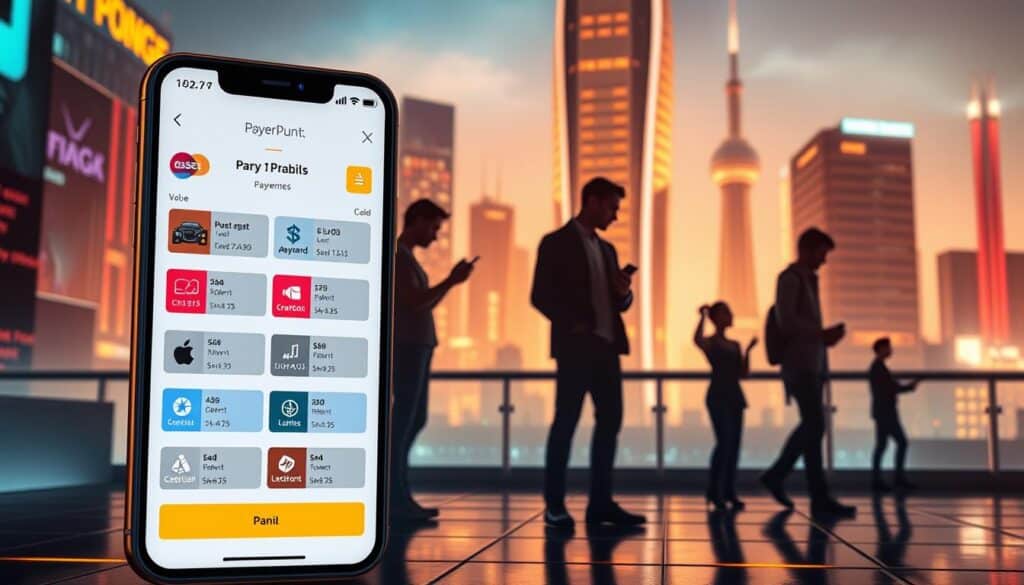 A vibrant digital scene showcasing the flexible and convenient payment options available for an online entertainment platform. In the foreground, a responsive mobile app interface displays a range of payment methods, including credit/debit cards, digital wallets, and cryptocurrency. The midground features silhouettes of users seamlessly completing transactions on various devices, conveying the ease and accessibility. The background is a sleek, futuristic cityscape, suggesting the modern and cutting-edge nature of the platform. The lighting is warm and inviting, creating a welcoming atmosphere. The overall composition should balance the technical details of the payment options with a visually striking and immersive user experience.