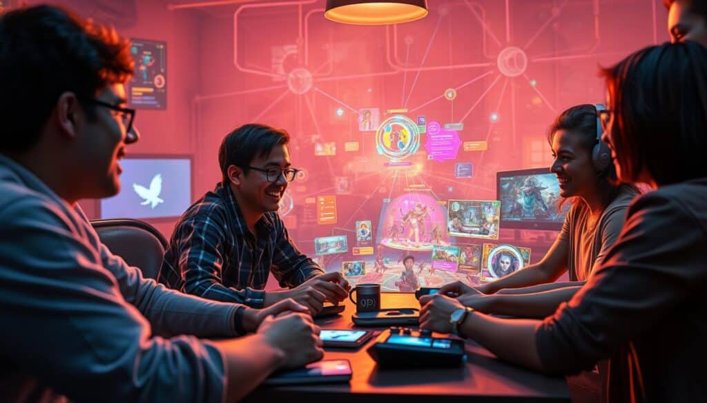 A vibrant digital scene showcasing the intertwined nature of social interaction and gaming experiences. In the foreground, a group of friends gathered around a table, their faces animated with laughter and excitement as they engage in a cooperative multiplayer game. The middle ground features an immersive virtual world, with colorful environments and characters that respond dynamically to the players' actions and communications. In the background, a network of interconnected devices and interfaces, symbolizing the seamless integration of social and gaming elements. Warm, soft lighting illuminates the scene, creating a cozy and inviting atmosphere that encourages camaraderie and shared experiences.