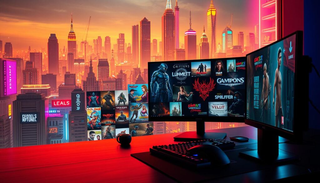 A vibrant display of gaming recommendations, showcasing a diverse array of captivating titles. In the foreground, a sleek, modern gaming setup with a high-end monitor, keyboard, and mouse, inviting the viewer to immerse themselves in the digital realm. The middle ground features a collage of game covers, ranging from classic favorites to the latest releases, each promising unique experiences and thrilling challenges. The background is a stylized, futuristic cityscape, hinting at the endless possibilities and advancements in the world of online entertainment. Warm, neon-infused lighting casts an alluring glow, setting the mood for a captivating gaming journey. The overall composition strikes a balance between elegance and excitement, enticing the viewer to explore the vast and ever-evolving landscape of gaming recommendations.