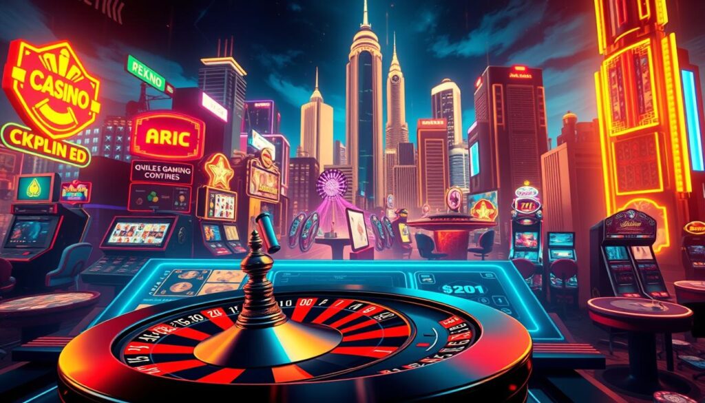 A vibrant display of online casino games, showcasing their diverse and captivating nature. In the foreground, a stylized roulette wheel spins, its bold colors and intricate patterns capturing the essence of chance and thrill. Surrounding it, a collage of various game icons - slot machines, card tables, and more - each radiating their own unique allure. The middle ground features a sleek, modern interface, hinting at the seamless digital experience of these online offerings. In the background, a vivid cityscape with towering skyscrapers and neon lights sets the stage, evoking the excitement and energy of the urban gaming landscape. Warm, dramatic lighting casts a captivating glow, elevating the overall sense of immersion and anticipation.