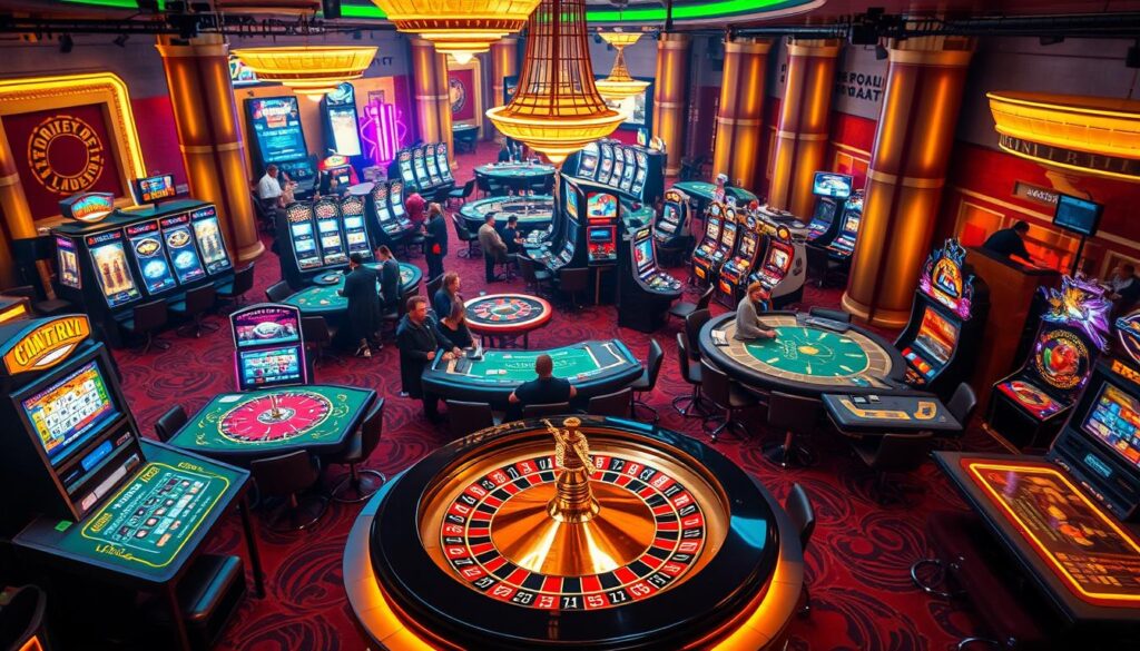 A vibrant, diverse array of casino table games and slot machines, illuminated by warm, inviting lighting. The foreground features a central focal point showcasing an opulent roulette wheel, surrounded by a variety of poker tables, blackjack stations, and slot machines. The middle ground depicts a lively atmosphere with patrons engaged in gameplay, creating a sense of energy and excitement. The background subtly hints at the grandeur of the casino setting, with hints of luxurious decor and architecture. The overall composition conveys a sense of choice, variety, and the high-end, professional experience of this gaming platform.