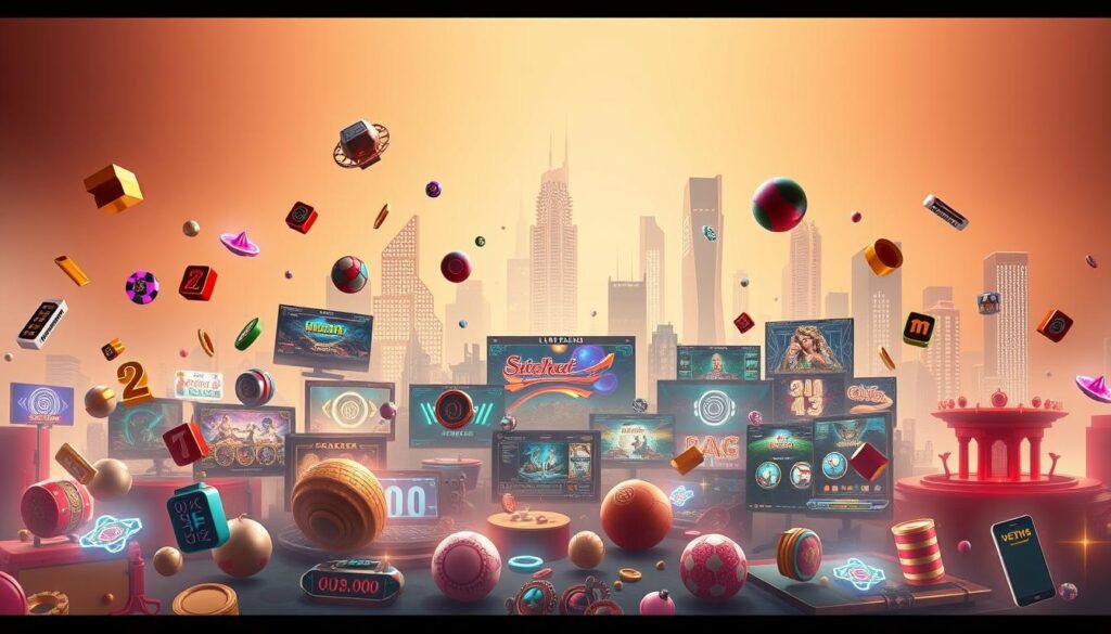A vibrant, diverse array of online casino games set against a sleek, minimalist backdrop. In the foreground, various game icons and symbols - slots, table games, live dealer experiences - float and glimmer, each beckoning the player to explore their unique offerings. The middle ground features a sense of depth, with layered game screens and interfaces hinting at the breadth of options available. In the background, a softly lit, futuristic cityscape serves as an elegant, immersive setting, conveying a sense of high-tech sophistication. Warm, muted tones combined with dynamic lighting create an alluring, inviting atmosphere, capturing the excitement and versatility of the online gaming landscape.