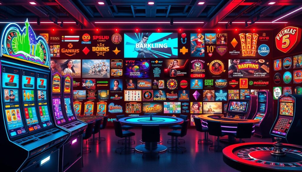 A vibrant, diverse array of online casino games unfolds across a sleek, modern interface. In the foreground, slot machines with dazzling neon lights and spinning reels captivate the eye. Nearby, digital tables for classic games like baccarat, blackjack, and roulette are bathed in a warm, atmospheric glow. In the middle ground, a variety of specialty games such as virtual sports and live dealer experiences draw players into immersive, high-energy interactions. The background showcases the sheer breadth of offerings, with icons for poker, scratch cards, and other unique gaming options creating a sense of endless entertainment possibilities. Cinematic lighting and a polished, sophisticated aesthetic evoke the thrill and sophistication of a premier online casino destination.