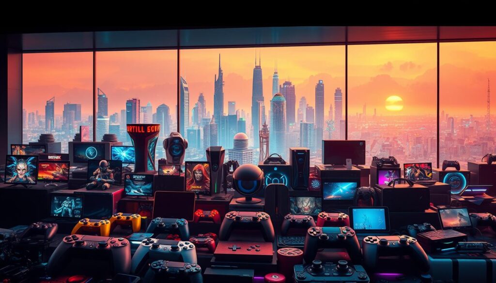 A vibrant, diverse assortment of digital entertainment options set against a sleek, modern backdrop. In the foreground, a kaleidoscope of game genres unfolds - from fast-paced action to immersive RPGs, strategy epics to captivating puzzle challenges. The middle ground showcases a range of platforms, from console controllers to VR headsets, mobile devices, and state-of-the-art gaming rigs. In the background, a cityscape of towering skyscrapers and neon-lit landscapes hints at the boundless possibilities of the digital realm. Warm, diffused lighting creates a sense of depth and atmosphere, inviting the viewer to explore this panorama of gaming diversity.