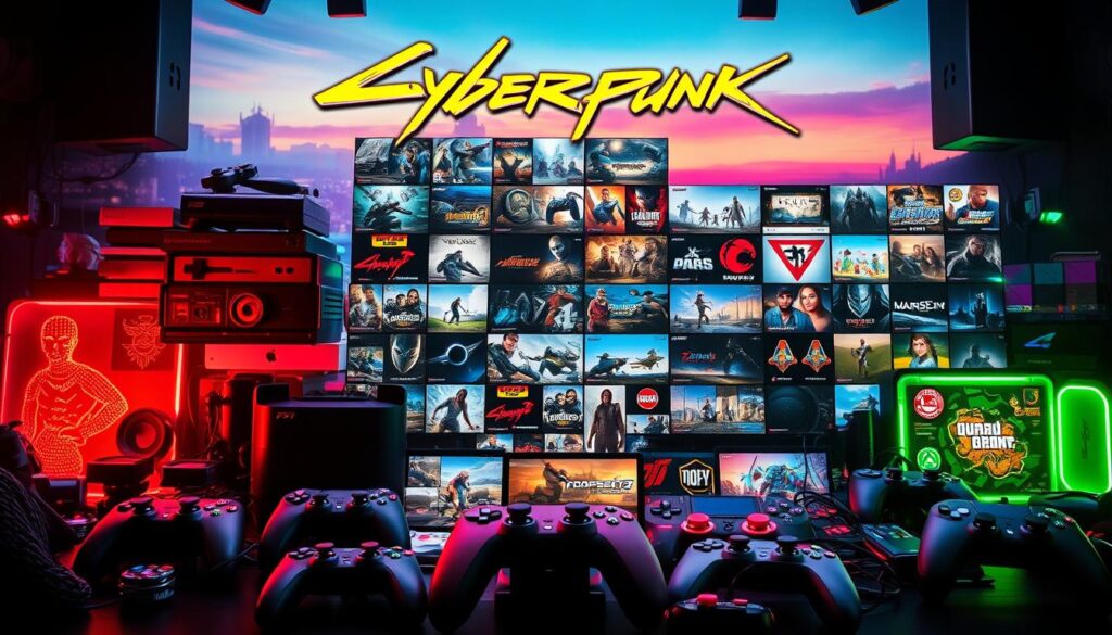 A vibrant, diverse game selection presented in a visually captivating manner. In the foreground, a collection of various game controllers, consoles, and accessories arranged harmoniously, hinting at the breadth of interactive experiences available. The middle ground showcases a mosaic of game thumbnails and icons, each representing a unique genre or style, creating a sense of exploration and discovery. The background features a softly blurred landscape, with pops of color and lighting, evoking a mood of excitement and immersion. The overall composition emphasizes the idea of a comprehensive entertainment hub, catering to a wide range of player preferences and interests.