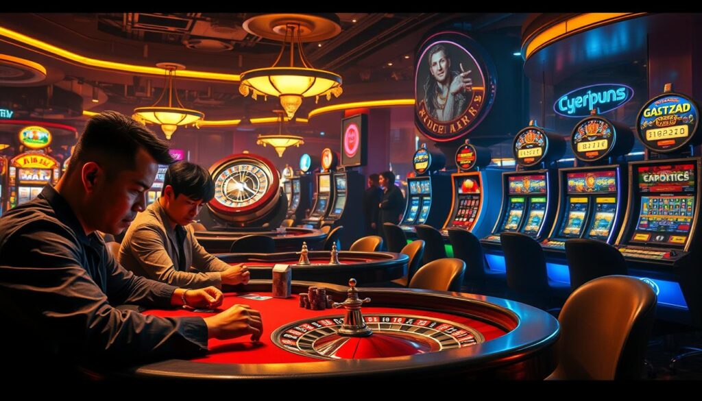 A vibrant, dynamic casino scene showcasing an array of popular gambling games. In the foreground, players are immersed in a high-stakes poker game, their expressions intense as they study their cards under the warm, golden lighting. The middle ground features a roulette table, the spinning wheel and clicking ball creating a sense of anticipation. In the background, slot machines flash and chime, drawing the eye with their dazzling lights and motion. The overall atmosphere exudes an air of excitement and sophistication, capturing the thrill and variety of the "博彩遊戲種類" experience.