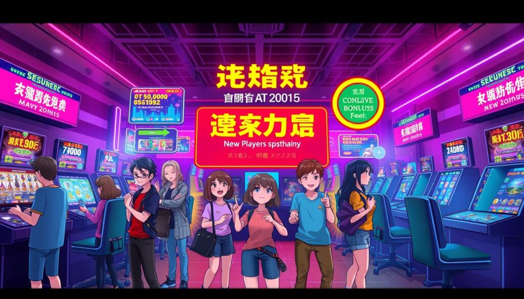 A vibrant, dynamic illustration of a "新手優惠活動" event at an online casino. In the foreground, a group of animated characters in casual attire enthusiastically engage with various game interfaces and promotional offers, their expressions conveying a sense of excitement and discovery. The middle ground features colorful, eye-catching banners and signage highlighting the special discounts, bonuses, and incentives available to new players. In the background, a sleek, modern casino environment with glowing screens, elegant lighting, and a touch of glamour sets the scene. The overall atmosphere exudes a welcoming and inviting vibe, perfectly capturing the spirit of an engaging new player promotion within the world of online gaming.