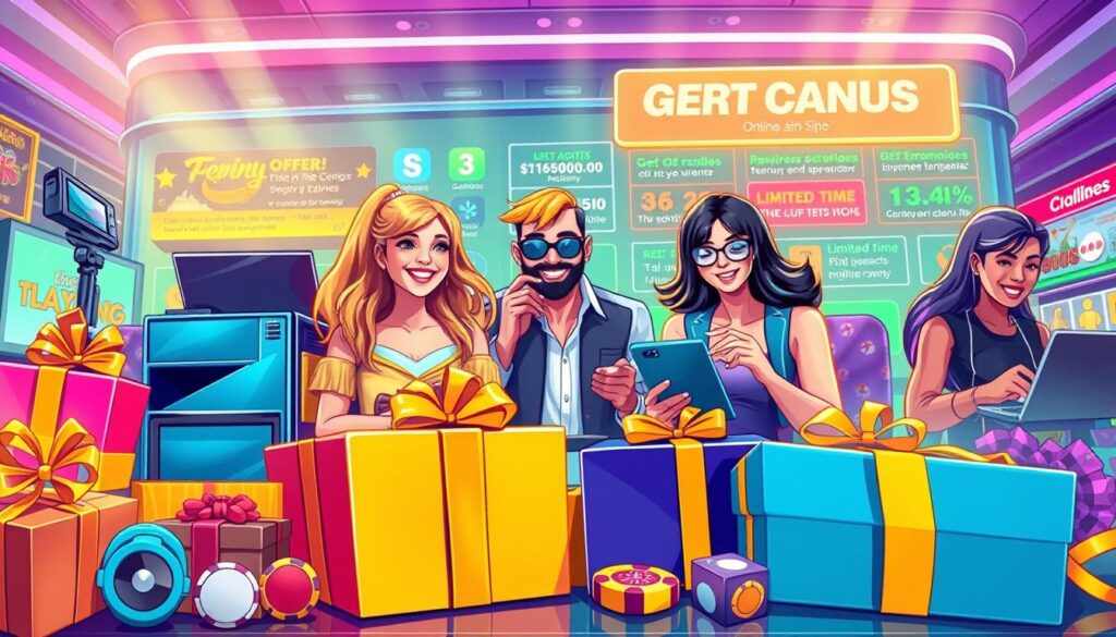 A vibrant, dynamic illustration showcasing a variety of online casino promotional activities. In the foreground, an array of enticing gifts and rewards such as electronics, accessories, and luxurious experiences. The middle ground features cheerful, engaged players interacting with the offers, their expressions conveying excitement and anticipation. The background depicts the sleek, modern interface of an online gaming platform, with colorful icons and banners highlighting the limited-time nature of the promotion. The lighting is bright and inviting, creating a sense of energy and opportunity. The overall composition and styling evoke a sense of exclusivity and a VIP experience tailored for the discerning online casino patron.