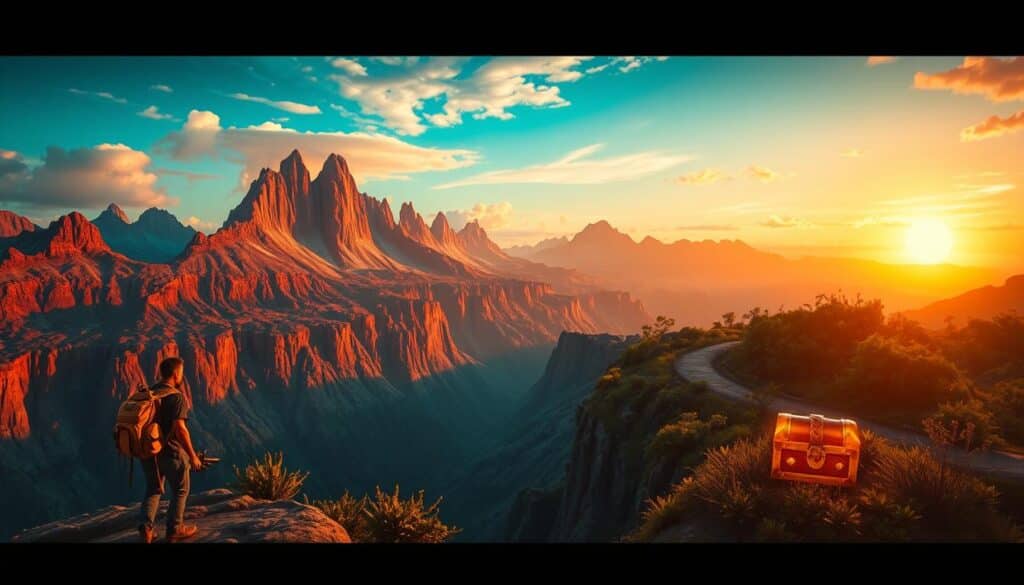 A vibrant, dynamic landscape depicting the concept of adventure and profit. In the foreground, a lone adventurer, equipped with a backpack and explorer's gear, stands at the edge of a vast, rugged canyon. The middle ground showcases a winding path leading to a glittering, golden treasure chest, partially obscured by lush vegetation. In the background, towering mountain peaks reach into a sky illuminated by a warm, golden-hued sunset, casting a sense of wonder and anticipation. The scene is captured with a wide-angle lens, emphasizing the grand scale and sense of exploration. The lighting is dramatic, with shadows and highlights accentuating the textures and shapes of the landscape, creating a cinematic, adventure-driven atmosphere.