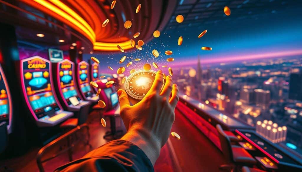 A vibrant, dynamic scene depicting a player confidently winning an exclusive online casino reward. In the foreground, a hand reaches out to grasp a shimmering prize, surrounded by a cascade of virtual gold coins and sparkling particle effects. The middle ground features an immersive, futuristic casino environment with sleek, neon-lit gaming terminals and holographic interfaces. In the background, a panoramic cityscape stretches out, hinting at the grand scale of the online entertainment world. Warm, saturated lighting casts a sense of excitement and triumph, while dynamic camera angles and a cinematic composition heighten the dramatic, victorious mood.