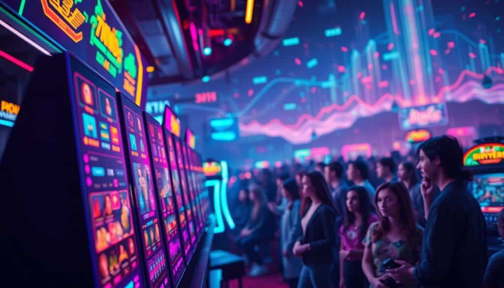A vibrant, dynamic scene depicting the evolving trends in online gambling and entertainment. In the foreground, a sleek, high-contrast display showcases an array of digital gaming interfaces, each pulsing with neon-like colors and captivating visuals. The middle ground features a blurred, crowd of virtual avatars, representing the diverse demographic of modern online gamblers, their expressions a mix of excitement and anticipation. In the background, a sweeping, data-driven landscape unfolds, with streams of numerical data and ethereal, holographic elements, symbolizing the analytical insights and technological advancements driving the industry's growth. The overall composition conveys a sense of technological sophistication, consumer engagement, and the dynamic evolution of the online gambling and entertainment landscape.