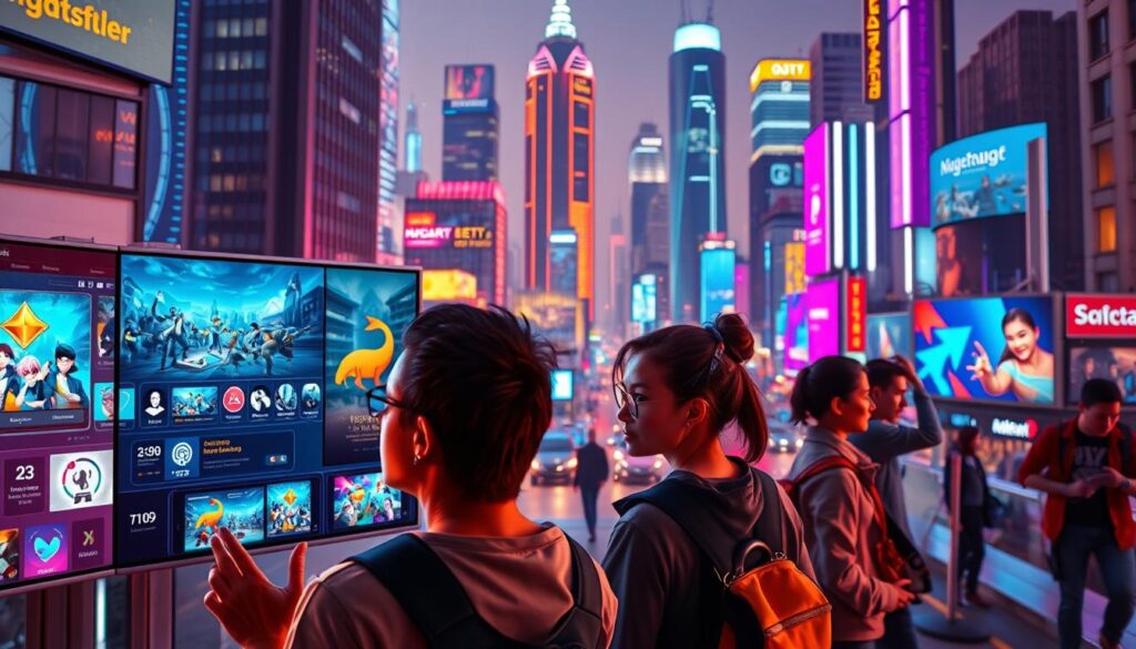 A vibrant, dynamic scene depicting the selection process of an online entertainment city. In the foreground, a group of individuals carefully examining various gaming options displayed on sleek digital screens, their expressions contemplative. The middle ground features stylized iconography and branding for different entertainment platforms, each vying for attention. In the background, a cityscape of towering skyscrapers and neon-lit streets sets the stage, conveying a sense of modern, urban excitement. The lighting is warm and inviting, with a subtle depth of field creating a focus on the decision-making process. The overall atmosphere is one of exploration, discovery, and the thrill of choosing the perfect online entertainment experience.