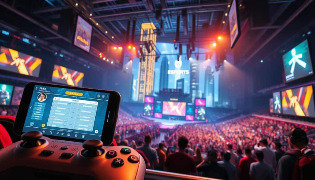 A vibrant, dynamic scene depicting the "主要賽事預測" for an esports entertainment article. In the foreground, a tightly-framed view of multiple game controllers and a smartphone displaying tournament brackets, hinting at the thrill of upcoming matches. The middle ground features a panoramic view of a packed esports arena, filled with excited spectators and larger-than-life displays showcasing player profiles and real-time scores. In the background, a towering skyline of shimmering skyscrapers under a dramatic, cinematic lighting, creating a sense of urban energy and high-stakes competition. The overall mood is one of anticipation, innovation, and the electrifying atmosphere of a major esports event.