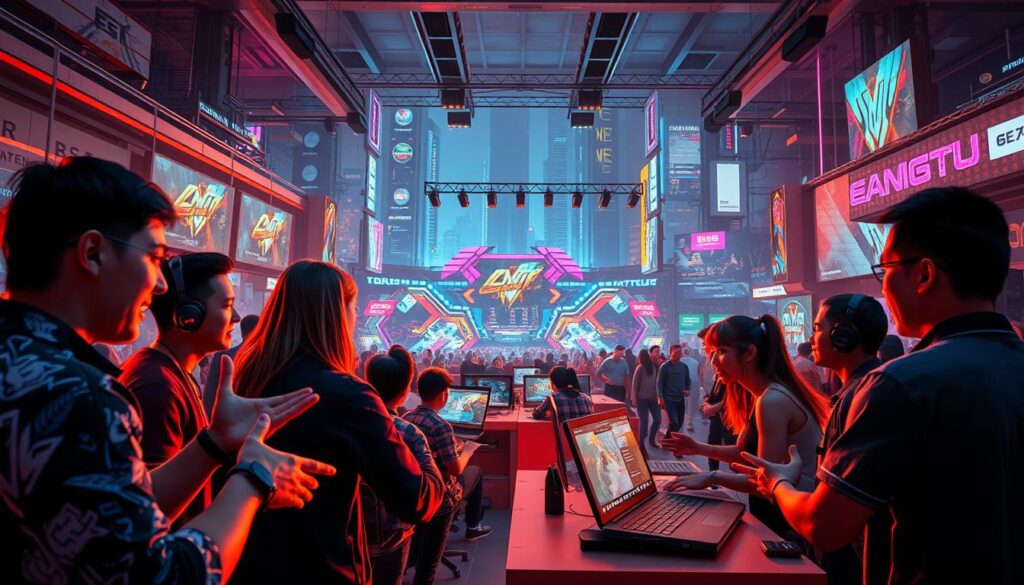 A vibrant, dynamic scene of a lively online gaming community. In the foreground, a group of enthusiastic players engaged in animated discussion, gesturing passionately as they share strategies and techniques. The middle ground features a tournament-style setup, with colorful displays and leaderboards capturing the competitive spirit. In the background, a bustling digital landscape with sleek, futuristic architecture and electronic billboards showcasing the latest gaming updates. Warm, diffused lighting creates a welcoming ambiance, while the overall composition conveys a sense of camaraderie, collaboration, and a shared passion for the art of gameplay.