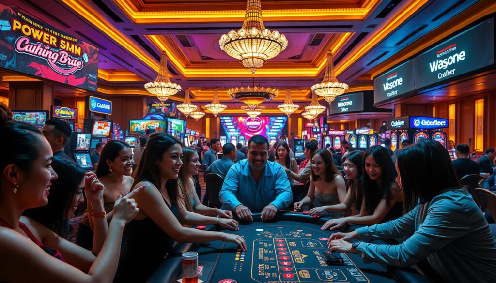 A vibrant, dynamic scene showcasing a promotional event in a casino setting. In the foreground, a group of enthusiastic players engage in a lively game of Baccarat, their faces alight with anticipation. The middle ground features an array of enticing promotional displays, including colorful banners, interactive displays, and tempting prize offerings. The background is bathed in the warm, golden glow of the casino's elegant lighting, creating a luxurious and inviting atmosphere. The overall composition conveys a sense of excitement, camaraderie, and the thrill of the gaming experience, perfectly capturing the essence of the "Promotional Activities and Player Rewards" section of the article.