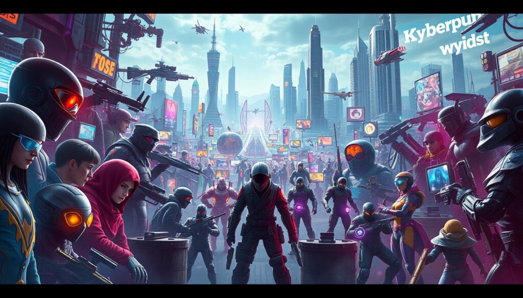A vibrant, dynamic scene showcasing the diverse landscape of popular video game genres. In the foreground, a captivating array of game characters and avatars from various genres, including action, adventure, RPG, and strategy, each with their distinct designs and visual styles. In the middle ground, a kaleidoscope of colorful gameplay elements, such as power-ups, weapons, and iconic game objects, all converging to create a sense of excitement and interactivity. The background features a futuristic cityscape, with towering skyscrapers and neon-lit landscapes, hinting at the cutting-edge technology and innovation that drive the modern gaming industry. The lighting is a harmonious blend of natural and artificial illumination, casting dramatic shadows and highlights to accentuate the dynamism of the scene. The overall composition and perspective are designed to provide a comprehensive and captivating representation of the current trends and diversity within the world of video games.