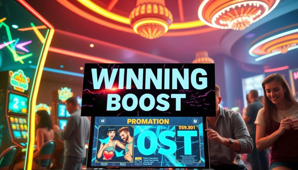 A vibrant, energetic scene of an online casino game promotion, featuring a dynamic display of flashing lights, colorful graphics, and enticing offers that draw the player's attention. In the foreground, the central focus is a large, eye-catching banner showcasing a special "Winning Boost" promotion, with striking graphics and bold typography. The middle ground depicts players enthusiastically engaging with the game, their expressions a mix of excitement and anticipation. The background sets the scene with a modern, sleek casino-inspired environment, complete with glowing neon accents and a sense of high-energy entertainment. The lighting is warm and inviting, creating a visually captivating atmosphere that encourages players to explore the offered advantages and improve their chances of success.
