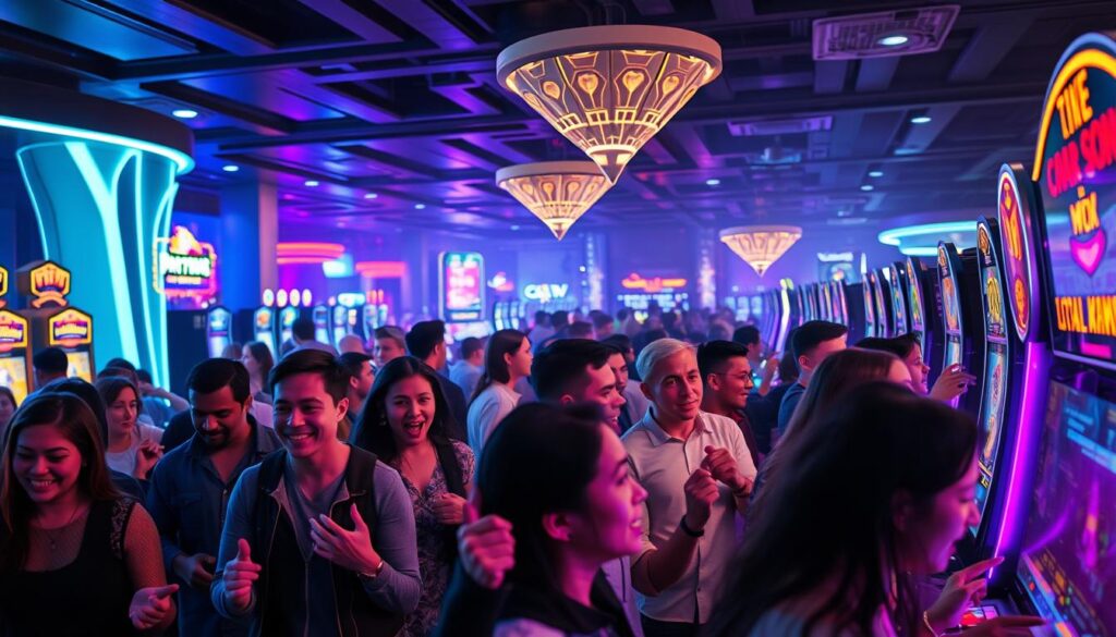 A vibrant, engaging online casino promotion scene featuring an energetic crowd of players eagerly participating in a limited-time event. The foreground shows a group of diverse individuals actively interacting with the game interface, their faces lit with enthusiasm. In the middle ground, additional players gather around interactive displays, gesturing excitedly as they discuss the event's features. The background depicts a sleek, modern casino environment with colorful lighting and dynamic visual elements that heighten the sense of excitement and immersion. The scene conveys a palpable atmosphere of increased player engagement, loyalty, and a desire to maximize the benefits of the limited-time promotion.