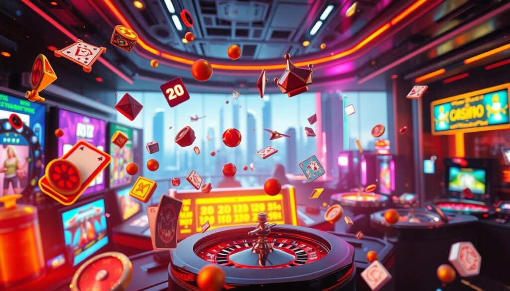 A vibrant exploration of gaming genres against a backdrop of a modern online casino. In the foreground, various game icons and symbols float and interact - slots, roulette, poker, and more. The midground features an array of glowing digital displays, immersing the viewer in the excitement of the virtual gaming experience. The background fades into a sleek, futuristic cityscape, hinting at the boundless possibilities of online entertainment. Warm, dynamic lighting casts a sense of depth and energy, while a cinematic camera angle elevates the scene. The overall mood is one of discovery, innovation, and the thrill of the digital gaming world.