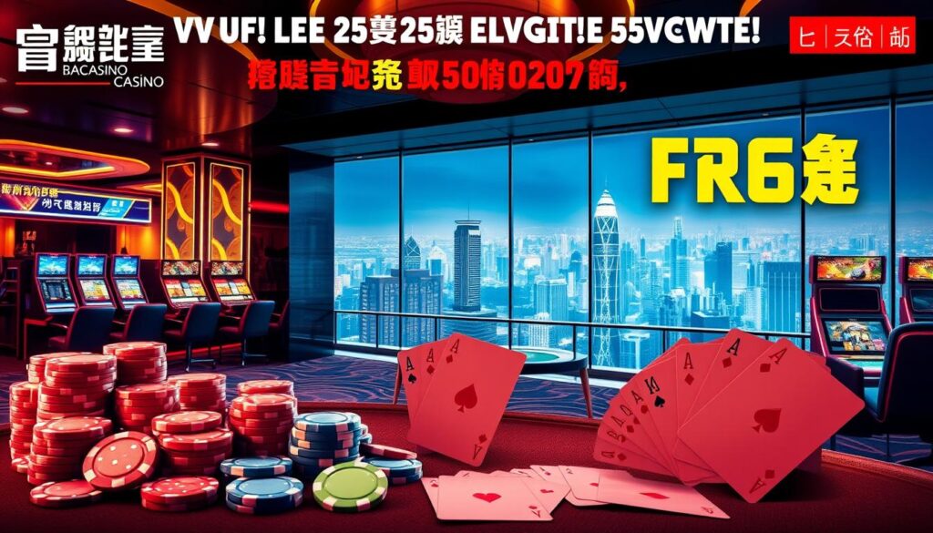 A vibrant, eye-catching advertisement showcasing the latest promotional offers and bonuses at a premier Baccarat casino website in Taiwan. The foreground features an array of enticing casino chips, dice, and playing cards, arranged in a visually striking manner to draw the viewer's attention. The middle ground depicts a sleek, modern casino interior with plush seating and high-tech gaming equipment, all bathed in a warm, inviting glow from strategically placed lighting fixtures. In the background, a panoramic view of the Taiwanese cityscape sets the scene, capturing the excitement and energy of the bustling gaming destination. The overall composition conveys a sense of excitement, luxury, and the thrill of the latest and greatest casino promotions.