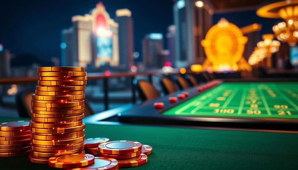 A vibrant, eye-catching image of an exclusive online casino promotion. In the foreground, a stack of casino chips in various denominations cascades across the frame, each one shimmering with a golden glow. The middle ground features a sleek, modern casino table with green felt, inviting the viewer to imagine the thrill of the game. In the background, a blurred cityscape at night sets the scene, the bright lights of the casino contrasting against the dark sky. The overall mood is one of luxury, excitement, and the allure of exclusive gaming opportunities. Crisp, high-contrast lighting illuminates the scene, creating depth and emphasizing the valuable nature of the exclusive offer.